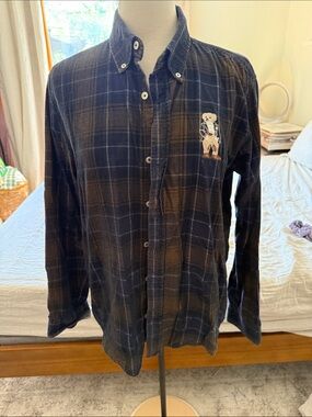 Ralph Lauren Navy and Brown Plaid Button-Down Shirt with Bear Patch